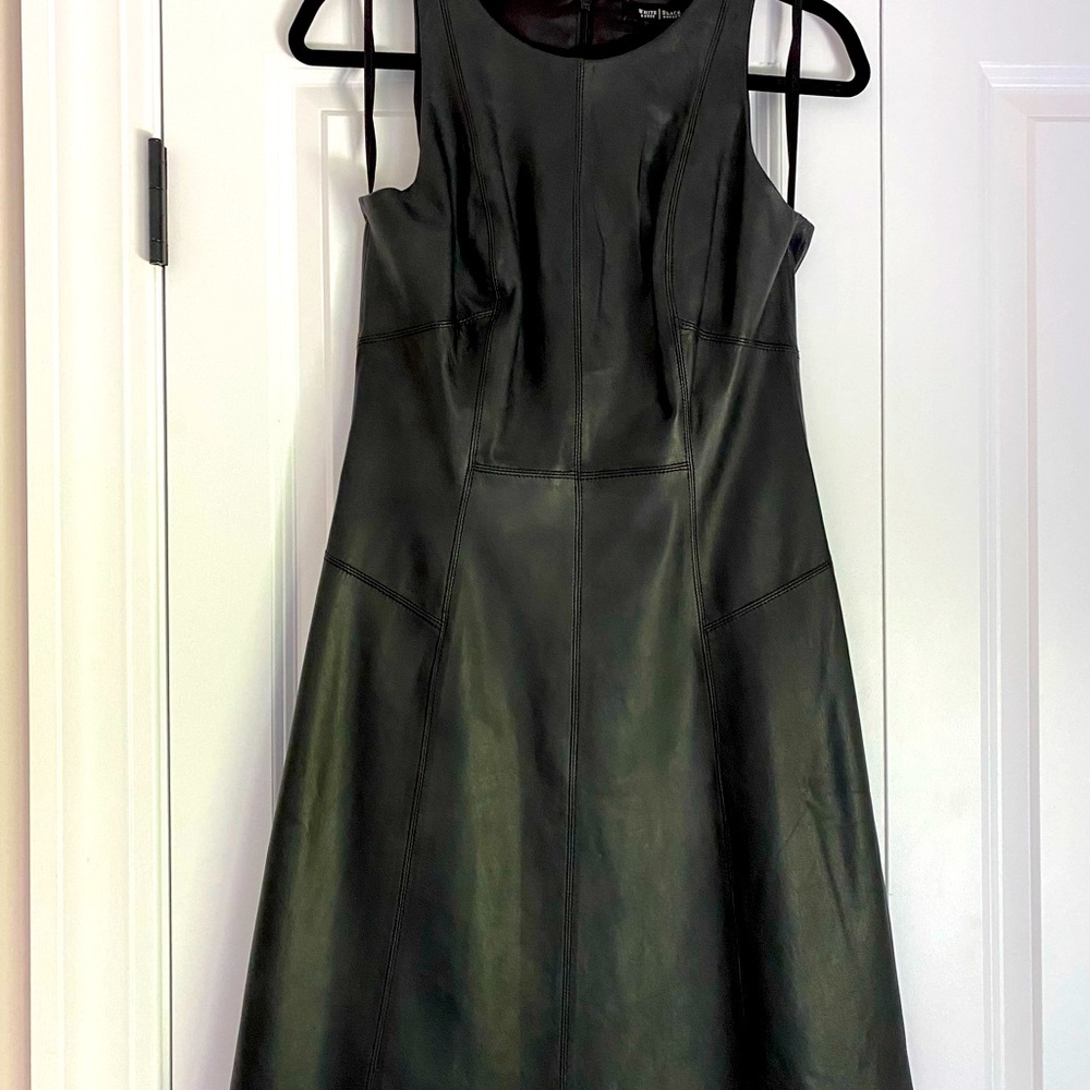 Black leather A-line WHBM dress. Tea-length, size 4.